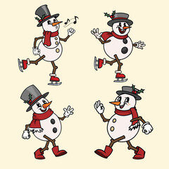 Snowman mascot characters set. Retro 30s cartoon animation style. Various emotions, expressions and poses. Vintage comic Christmas collection. Vector illustrations.