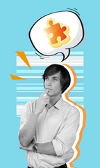 Creative collage of young worker with jigsaw puzzle