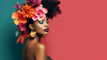 Beautiful young Black woman with floral wreath on her head from big red pink orange flowers on teal burgundy background. Fashion beauty banner for cosmetics makeup
