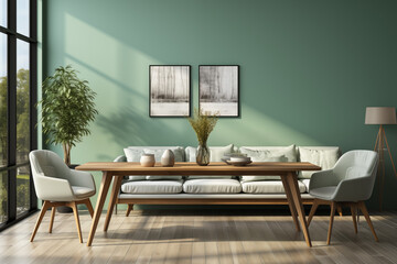 Sofa and chairs near wooden table against window. Scandinavian style interior, AI generate