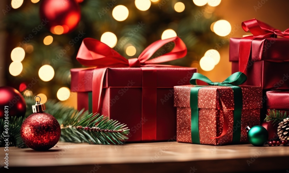 Poster gift boxes with a large red bow on table against a background bokeh of twinkling party lights on chr