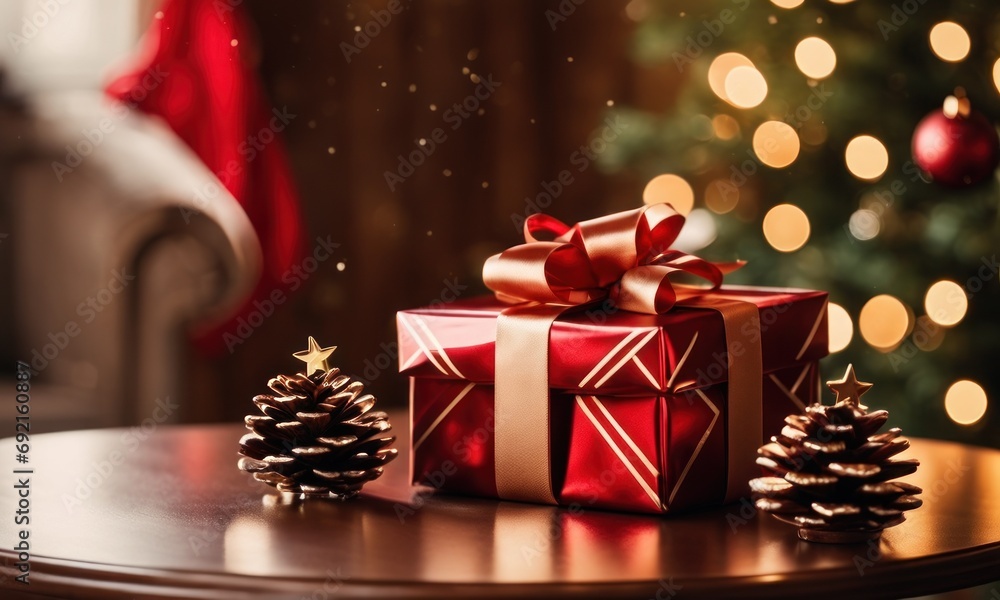 Aufkleber gift boxes with a large red bow on table against a background bokeh of twinkling party lights on chr