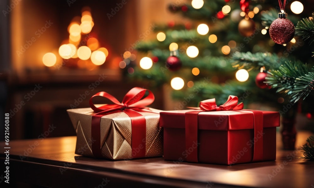 Aufkleber gift boxes with a large red bow on table against a background bokeh of twinkling party lights on chr