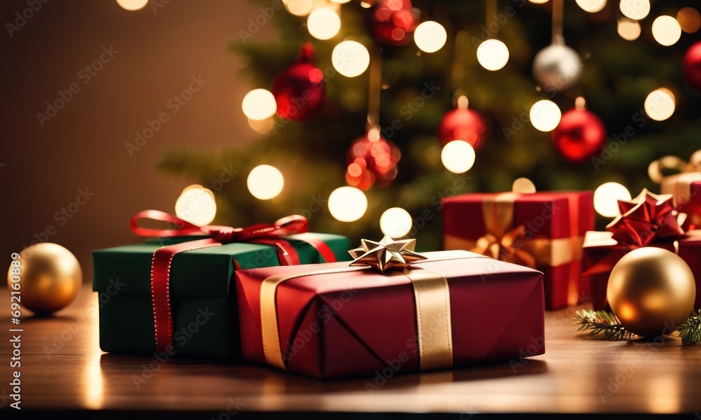 Aufkleber gift boxes with a large red bow on table against a background bokeh of twinkling party lights on chr