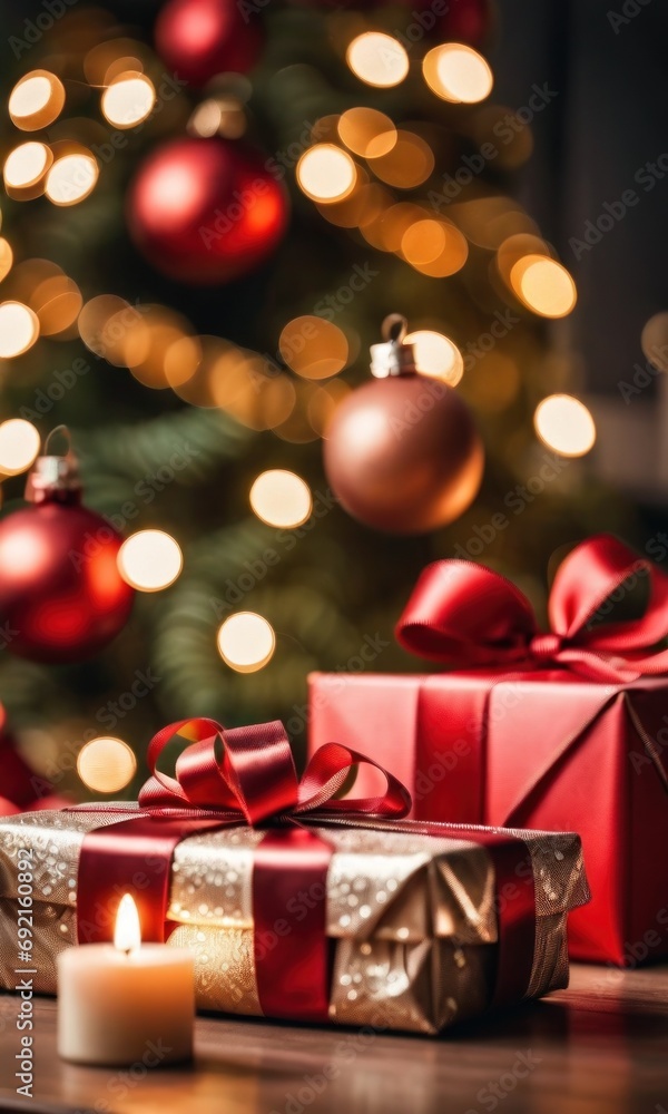 Poster gift boxes with a large red bow on table against a background bokeh of twinkling party lights on chr