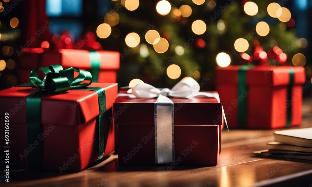 Poster gift boxes with a large red bow on table against a background bokeh of twinkling party lights on chr