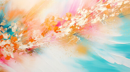 Dynamic abstract painting is playful blue, teal, pink, orange design, wave and striking composition.