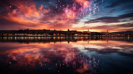 Printed roller blinds Reflection Breathtaking view of colorful fireworks reflected in calm waters of lake, AI Generated