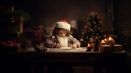 "Festive Scribbles: Child Composing a Yuletide Message for Santa"
