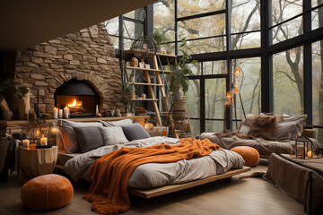 Bohemian interior design of modern bedroom. AI generate