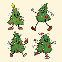 Groovy Hippie Christmas tree characters set. Cartoon mascot characters in trendy retro 50s, 60s style for Christmas. Vector illustrations.
