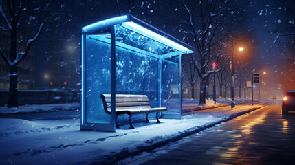 3d rendering of illuminated bus stop on a street at night