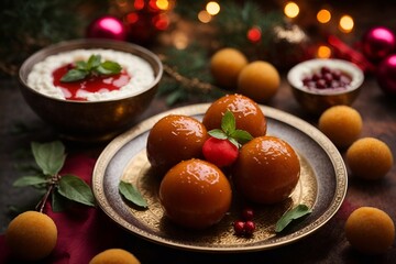 gourmet indian Gulab Jamun, rich textures, mouth-watering dessert presentation