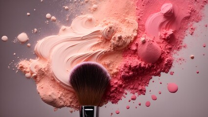 Makeup brush with powder explosion, award winning fashion magazine cover photo - obrazy, fototapety, plakaty