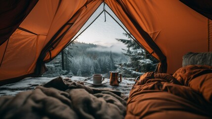 View from tent to mountains in winter at sunrise - obrazy, fototapety, plakaty