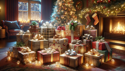 Christmas tree with christmas decorations and gift, colorful and cozy house in winter. Generative AI