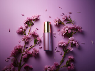 Envase para esmalte, serum, perfume, brillo, líquido malva, fondo lila pastel difuminado, orientado a la mujer, cosmética publicidad cartel o anuncio, sector belleza