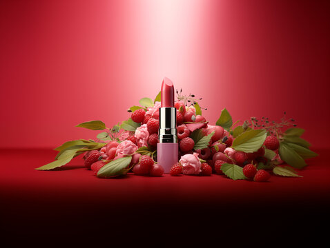 Envase para pintura labial, pinta labios, brillo, fresa, fondo color fresa pastel difuminado y arreglo frutos rojos, orientado a la mujer, cosm&eacute;tica publicidad cartel o anuncio, sector belleza