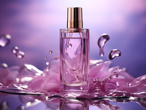 Envase para loci&oacute;n, serum, perfume, antiedad, l&iacute;quido malva, fondo morado difuminado, orientado a la mujer, cosm&eacute;tica publicidad cartel o anuncio, sector belleza