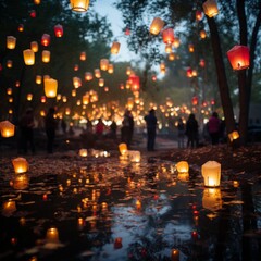  night sky is filled with glowing flying lanterns, many Chinese lanterns are launched into the clouds. Festive atmosphere, Concept: traditions and culture, letting go into the sky.