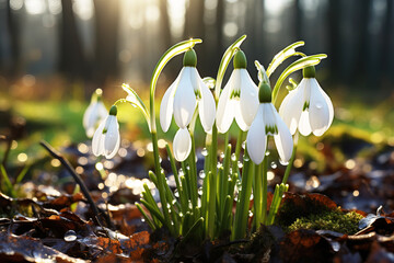 White snowdrops in the spring forest on a blurred background