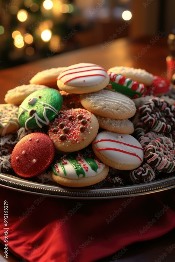 Aufkleber a plate of cookies on a table in front of a christmas tree. generative ai.