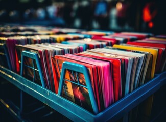 A stack of colorful records on a table. Generative AI. - obrazy, fototapety, plakaty