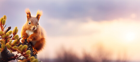 A brown squirrel sits on a tree branch on the background of the sky during sunset, copy space