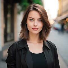 Fototapeta premium A cheerful marketer with blue eyes and dark hair stands confidently on the street, exuding elegance and success. Generative AI.