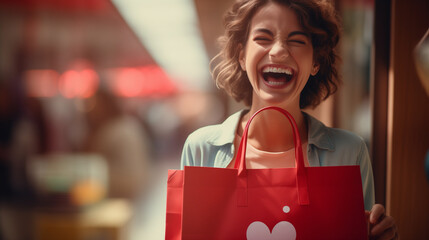 A woman enjoys her shopping spree with a big red sticker of savings