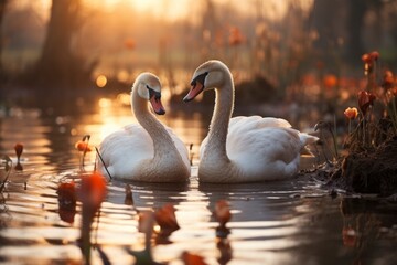 Swans swim on a quiet lake. Soft light of the morning sun. Graceful and calm scenes with animals, Concept: romantic and natural themes - Powered by Adobe