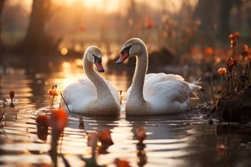 Deurstickers Swans swim on a quiet lake. Soft light of the morning sun. Graceful and calm scenes with animals, Concept: romantic and natural themes © Marynkka_muis_ua