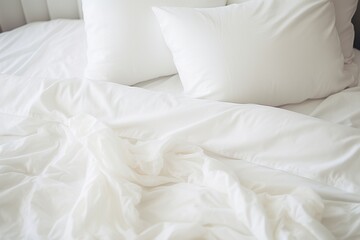 White pillows with blanket and duvet cover on the bed - obrazy, fototapety, plakaty
