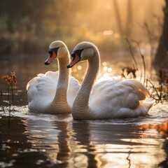 Fototapeta premium A pair of swans in love swims on a quiet lake surrounded by leaves. Soft light of the morning sun. Graceful and calm scenes with animals, Concept: illustrations of romantic and natural themes