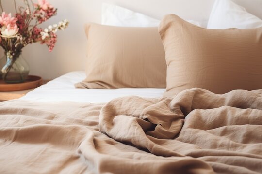 Beige pillows with blanket and duvet cover on the bed and flowers