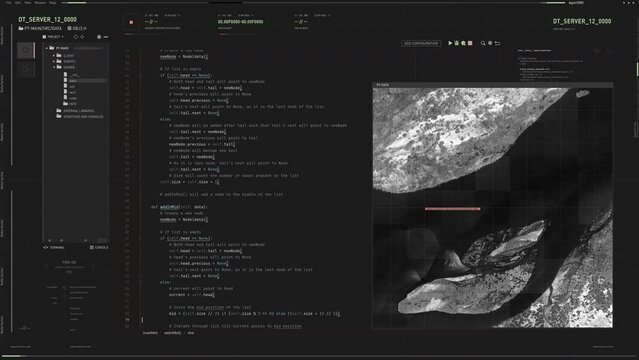 Writing a programming code to create a virtual web analysis system. Web programming system is scrolling through a map. Web programming system is analyzing the target position using a satellite.