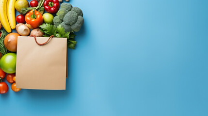 Flat lay with paper bag, vegetables and fruits on blue background, copy space