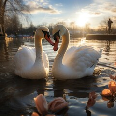 A pair of swans in love swims on a quiet lake surrounded by leaves. Soft light of the morning sun. Graceful and calm scenes with animals, Concept: illustrations of romantic and natural themes