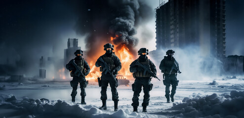 team group military in a winter city in the snow, war in the winter in the city. - obrazy, fototapety, plakaty