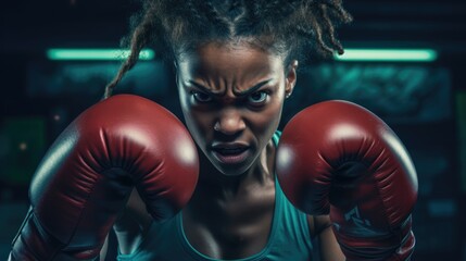 African American woman in boxing gloves and angry face