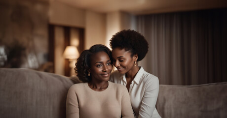 Obraz premium two black women at home on the sofa in a cozy room, the love of two women.