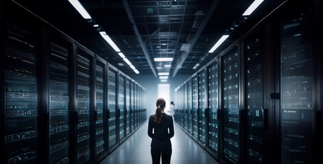 Woman engineer administrator in a server room, many servers