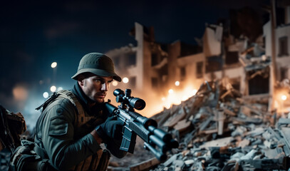 Fototapeta premium military sniper job, sniper in a destroyed city