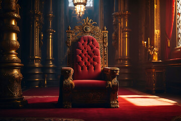 Majestic throne room. King Throne illustration. Golden filigree throne room in a medieval.