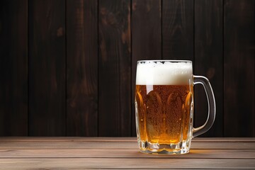 Glass mug of beer on wooden table