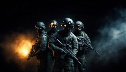 Fototapeta premium Group team of soldiers. Concept of military operations, special operations, paintball.