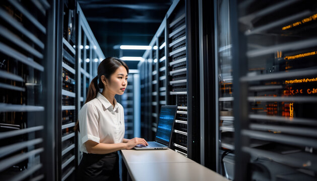 young asian woman working in a room with servers in a laptop