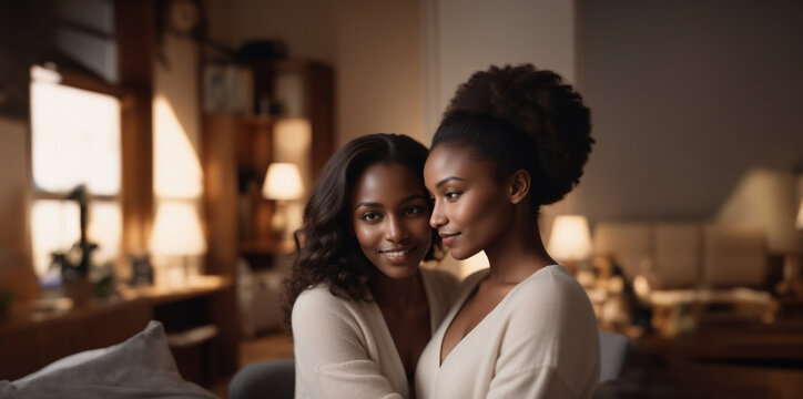 two black women at home on the sofa in a cozy room, the love of two women.
