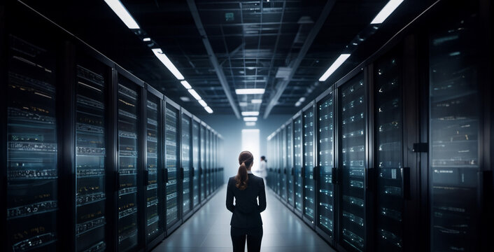 Woman engineer administrator in a server room, many servers