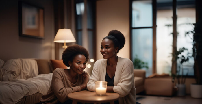 two black women at home on the sofa in a cozy room, the love of two women.